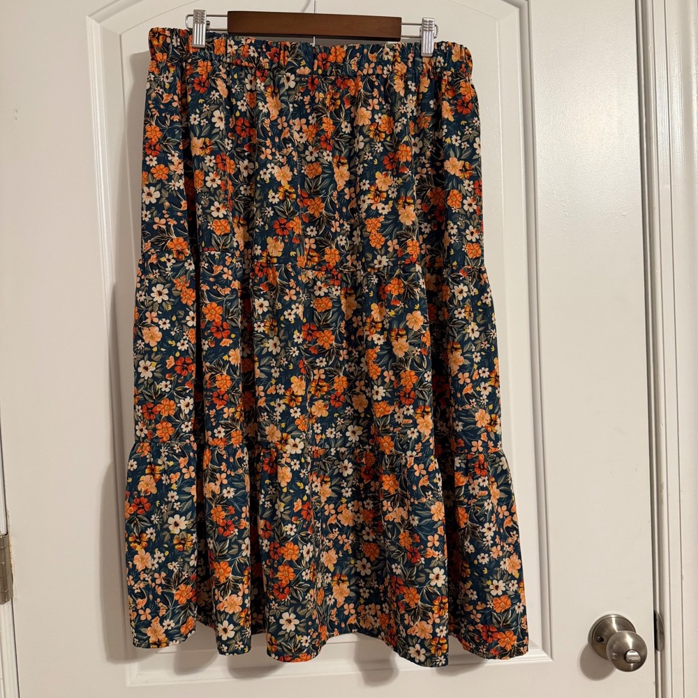 Emery Rose Dark Green Floral Tiered Midi Skirt Elastic Waist Boho 2XL